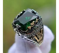 LWXLP Anillo de sello turco hecho a mano para hombre, anillo Punk de fiesta de circón verde con incrustaciones de patrón tallado en Color plateado Vintage