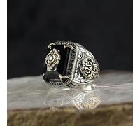 LWXLP Anillo de sello turco hecho a mano para hombre, anillo Punk de fiesta de circón verde con incrustaciones de patrón tallado en Color plateado Vintage