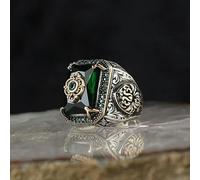 LWXLP Anillo de sello turco hecho a mano para hombre, anillo Punk de fiesta de circón verde con incrustaciones de patrón tallado en Color plateado Vintage