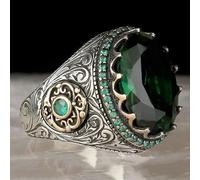 LWXLP Anillo de sello turco hecho a mano para hombre, anillo Punk de fiesta de circón verde con incrustaciones de patrón tallado en Color plateado Vintage