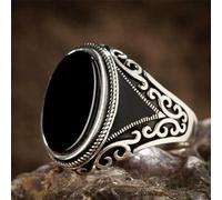 LWXLP Anillo de sello turco hecho a mano para hombre, anillo Punk de fiesta de circón verde con incrustaciones de patrón tallado en Color plateado Vintage