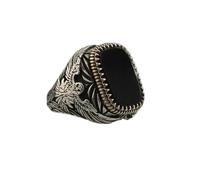LWXLP Anillo de Sello Turco Hecho a Mano para Hombre, Anillo Punk de Fiesta de circón Verde con Incrustaciones de patrón Tallado en Color Plateado Vintage