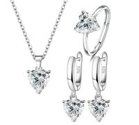 LWXLP Juegos de joyas para mujer de plata de ley 925, anillo de circón con corazón, pendientes, collar, boda, novia, Navidad elegante