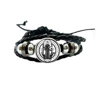 LWXLP Pulsera de cuero con medalla de San Benito, brazaletes con botones a presión de cúpula de cristal católica de San Benito, accesorios de joyería para hombres y mujeres