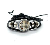 LWXLP Pulsera de cuero con medalla de San Benito, brazaletes con botones a presión de cúpula de cristal católica de San Benito, accesorios de joyería para hombres y mujeres