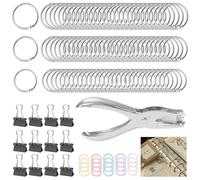 LXBCTOP 110 anillos de encuadernación, 20, 25, 30 mm, anillos de metal con 1 perforador, 12 clips plegables, carpetas de anillos de metal para tarjetas de memoria, llavero, tarjetas de índice