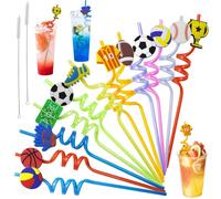 LXBCTOP 12 pajitas de fútbol para niños, reutilizables, pajitas de plástico para fiestas rizadas con 2 cepillos de limpieza, cumpleaños infantiles, fútbol, cumpleaños, decoración para leche y zumo de