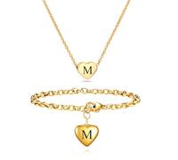 LXBQYSTO Juego de 3 piezas de collar con inicial de corazón para mujer, pulsera, aretes, juego de joyas de acero inoxidable con letras A-Z, J, Acero inoxidable, No es una piedra preciosa