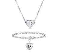 LXBQYSTO Juego de 3 piezas de collar con inicial de corazón para mujer, pulsera, aretes, juego de joyas de acero inoxidable con letras A-Z, T, Acero inoxidable, No es una piedra preciosa