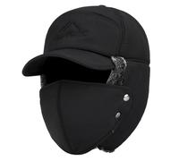 LXCJZY Winter Essentials Warm Hat,3 in 1 Winter Hat with Ear Flaps,Thermal Fur Lined Trapper Hat Windproof Cycling Headwear (Black)