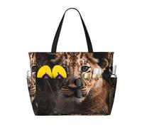 LXCNQFN Bolsa de playa para mujer, diseño de luna en cielo nocturno, bolsa de playa, plegable, con cremallera, bolsas de gimnasio, León sentado en la hierba, Talla única