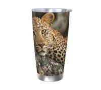 LXCNQFN Vaso de acero inoxidable de 20 onzas con tapa, aislado al vacío, diseño de leopardo en el árbol, taza de café para viajes, taza de coche de doble pared con pajitas de metal y limpiador de