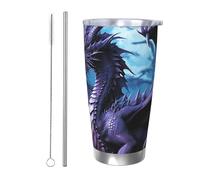 LXCNQFN Vaso de acero inoxidable de 20 onzas con tapa, aislado al vacío, dragón morado, luna, taza de café para viajes, taza de coche de doble pared con pajitas de metal y limpiador de pajitas