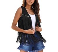 LXGKEKSKG Chaleco con flecos para mujer, sin mangas, abertura frontal, estilo hippie, boho, occidental, de los años 70, Negro , XXL