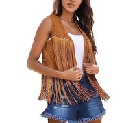 LXGKEKSKG Chaleco con flecos para mujer, sin mangas, abertura frontal, estilo hippie, boho, occidental, de los años 70, amarillo, L