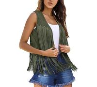 LXGKEKSKG Chaleco con flecos para mujer, sin mangas, abertura frontal, estilo hippie, boho, occidental, de los años 70, verde, M