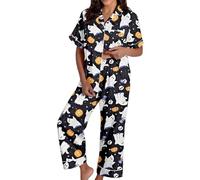 LXGKEKSKG Conjuntos de Mujer para Todas Estaciones Elegante Estampado Halloween Top Manga Corta Abotonado Pantalones Cortos Noches acogedoras relajación otoño Invierno (Black, XL)