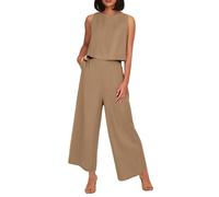 LXGKEKSKG Elegante traje de dos piezas para mujer, tejido de lino transpirable con diseño moderno para mujeres conscientes del estilo, marrón, XL