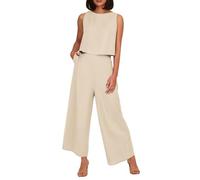 LXGKEKSKG Elegante traje de dos piezas para mujer, tejido de lino transpirable con diseño moderno para mujeres conscientes del estilo, beige, L