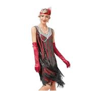 LXHZSY Vestido Flecos Vestido de Fiesta Baile Latino con Adornos Lentejuelas y borlas Retro Dr Glitter, Vestido Vintage Cuentas for Mujer(Red,S)