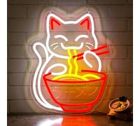 Lxmoneon Letrero de neón Cat Ramen, LED letrero de neón de pared de fideos ramen japoneses USB, luz de neón de gato anime para restaurante tienda ventana hogar bar cocina comedor regalo