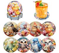 Lxmsja 8 Pcs Aves Diamond Painting Posavasos con Soporte, 5D Diamantes Kit Diamond Painting Adultos, Posavasos Corcho, Posavasos para Bebidas,Café y Té de Bar, Manualidades Adultos