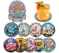 Lxmsja 9 Pcs Flores de Vidrieras Diamond Painting Posavasos con Soporte, 5D Diamantes Kit Diamond Painting Adultos, Posavasos Corcho, Posavasos para Bebidas,Café y Té de Bar, Manualidades Adultos