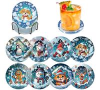 Lxmsja Juego de 8 posavasos de arte de diamantes de Navidad con soporte, kits de pintura de diamantes de animales para adultos principiantes, posavasos divertidos para bebidas con corcho, decoración