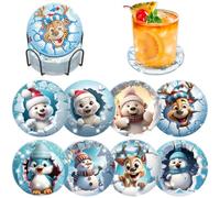 Lxmsja Juego de 8 posavasos de arte de diamantes de Navidad con soporte, kits de pintura de diamantes de animales para adultos principiantes, posavasos divertidos para bebidas con corcho, decoración