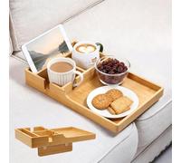Lxoraziy Bandeja de Sofá de Bambú, Organizador 2 en 1 para Hueco de Sofá con Portavasos, Bandeja para Mando, Snacks y Bebidas, Sofá y Cama