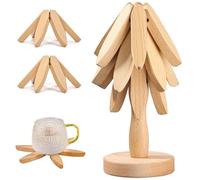 Lxoraziy Salvamanteles de Madera para Platos Calientes, Juego de salvamanteles en Forma de árbol, 3 Salvamanteles de Madera + 1 Soporte, Salvamanteles Plegable para Teteras, Ollas Calientes, Encimeras