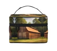 LXqlSS Bolsa de maquillaje de madera para granero, bolsa de cosméticos portátil de viaje para mujeres, organizador de maquillaje con cremallera, piel sintética, lavable, impermeable, negro, talla