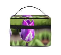 LXqlSS Bolsa de maquillaje de tulipán morado, portátil, de viaje, para mujer, organizador de maquillaje con cremallera, piel sintética, lavable, impermeable, color negro, talla única, Black, Talla