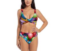 LXqlSS Conjunto de bikini de cintura alta con globos coloridos para mujer, con control de abdomen, bloques de color, traje de baño de dos piezas, Negro -, M
