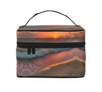 LXqlSS Sunset at The Beach - Bolsa de maquillaje portátil de viaje para mujer, organizador de maquillaje con cremallera, piel sintética, lavable, impermeable, color negro, talla única, Black, Talla
