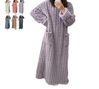 LXSNZARUY Ropa de invierno de terciopelo coral para mujer, ropa de dormir de forro polar grueso y cálido, color sólido, cuello redondo, bolsillo, camisón largo, Morado (, L