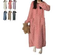 LXSNZARUY Ropa de invierno de terciopelo coral para mujer, ropa de dormir de forro polar grueso y cálido, color sólido, cuello redondo, bolsillo, camisón largo, rosa, L