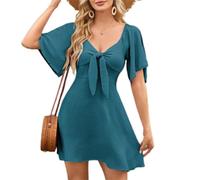 LXSNZARUY Vestido casual con cuello en V profundo y detalle recortado con lazo frontal, mangas con volantes, vestido corto de línea A, vestido de verano de color liso para mujer, azul, S
