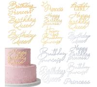 LXUEJIE 14 adornos para tartas de feliz cumpleaños, dorado y plateado, decoración de pastel de princesa para mujer, kit de decoración lateral de cupcakes de acrílico, suministros de fiesta para niñas