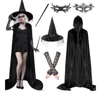 LXWINNER Disfraz de bruja para mujer para Halloween, capa con capucha, sombrero, varita mágica, máscara de encaje, guantes largos, disfraz de bruja para Halloween, cosplay y mascarada