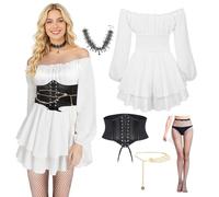 LXWINNER Disfraz de Piratas Mujer, Vestido Blanco Pirata con Corset, Cadenas de Cintura, Collares y Medias, Costume Victoriano Renacentista Medievales para Carnaval Halloween Cosplay