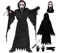 LXWINNER Halloween Scream Costume, Cara de Fantasma Aterrador Disfraz, con Una Túnica Negra Máscara de Scream, Cinturón, Cuchillo de Utilería y Guantes, para Carnaval, Halloween,Fiesta,Cosplay (XL)