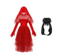 lxxZuvR Disfraz de Lydia Deetz, vestido de novia rojo con peluca, disfraz de novia fantasma, disfraz de Halloween para mujer
