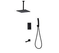 LXYST 12 Inch Thermostatic Rainfall System Ceiling Mount Sets Bathroom Handheld Head and Faucet(180 Degree Rotation) Black Luxury Shower Set