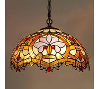 LXYST 16 Inch Style, Vintage Handmade Stained Glass Pendant Hanging Lamp, Height Adjustable Ceiling Light for Living Room Bedroom Dining Decor,6,7