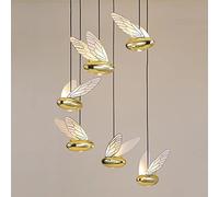LXYST 6-Light Ceiling Pendant Lights Staircase Chandelier, Gold Bee Shape Hanging Lamp LED Stair Lighting Fixture, Living Room Duplex Building Villa Decor Chandeliers
