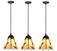 LXYST 6" Small Hanging Light Stained Pendant Lighting Ceiling Retro Green Leaf Victorian Art Glass Lamp for Kitchen Island Over Sink,3pcs
