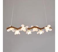 LXYST 7 Mid Century Milk Glass Flower Chandelier Vintage Wood Linear Pendant Light Fixtures Farmhouse Rustic Ceiling Hanging Lamp for Dining Room Kitchen Island