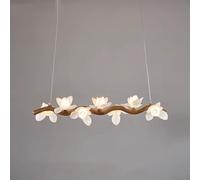 LXYST 7 Mid Century Milk Glass Flower Chandelier Vintage Wood Linear Pendant Light Fixtures Farmhouse Rustic Ceiling Hanging Lamp for Dining Room Kitchen Island