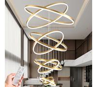 LXYST 8-Rings Gold LED Chandelier - Dimmable Ceiling Fixture High Ceilings, Remote Control Hanging Pendant Light for Living Room, Foyer, Entryway, Staircase
